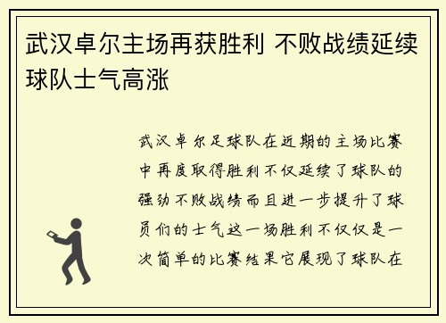 武汉卓尔主场再获胜利 不败战绩延续球队士气高涨