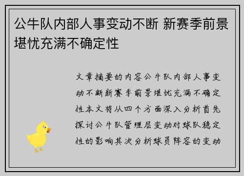 公牛队内部人事变动不断 新赛季前景堪忧充满不确定性