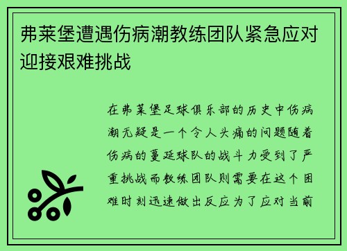 弗莱堡遭遇伤病潮教练团队紧急应对迎接艰难挑战